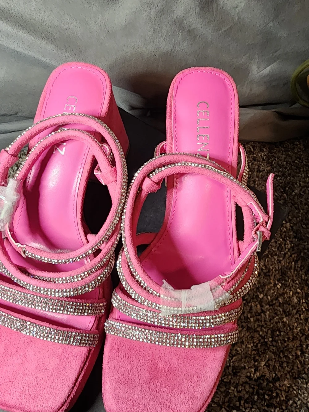 Pink Crystal Strap Block Heel Sandals
